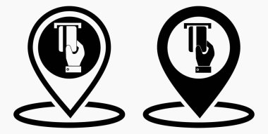 Konum ve banka kartı ikonu. GPS ATM. Kartla ödeme. Nakitsiz yerleşim yeri. Vektör simgesi.