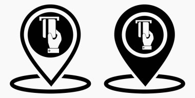 Konum ve banka kartı ikonu. GPS ATM. Kartla ödeme. Nakitsiz yerleşim yeri. Vektör simgesi.