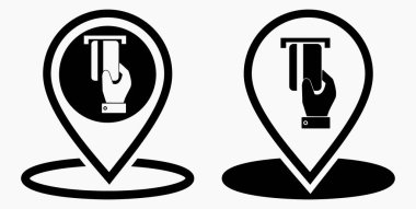 Konum ve banka kartı ikonu. GPS ATM. Kartla ödeme. Nakitsiz yerleşim yeri. Vektör simgesi.