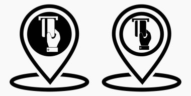 Konum ve banka kartı ikonu. GPS ATM. Kartla ödeme. Nakitsiz yerleşim yeri. Vektör simgesi.