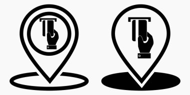 Konum ve banka kartı ikonu. GPS ATM. Kartla ödeme. Nakitsiz yerleşim yeri. Vektör simgesi.