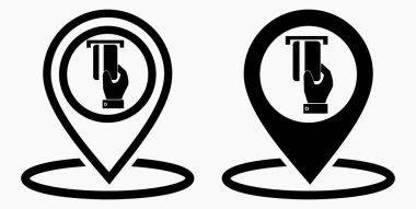 Konum ve banka kartı ikonu. GPS ATM. Kartla ödeme. Nakitsiz yerleşim yeri. Vektör simgesi.