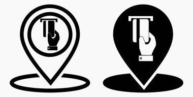 Konum ve banka kartı ikonu. GPS ATM. Kartla ödeme. Nakitsiz yerleşim yeri. Vektör simgesi.