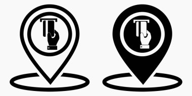 Konum ve banka kartı ikonu. GPS ATM. Kartla ödeme. Nakitsiz yerleşim yeri. Vektör simgesi.