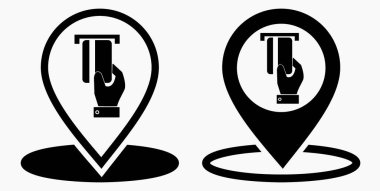 Konum ve banka kartı ikonu. GPS ATM. Kartla ödeme. Nakitsiz yerleşim yeri. Vektör simgesi.