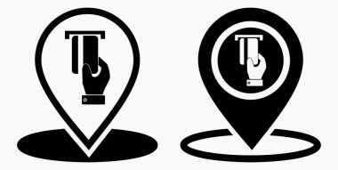 Konum ve banka kartı ikonu. GPS ATM. Kartla ödeme. Nakitsiz yerleşim yeri. Vektör simgesi.