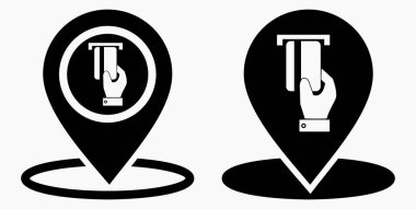 Konum ve banka kartı ikonu. GPS ATM. Kartla ödeme. Nakitsiz yerleşim yeri. Vektör simgesi.