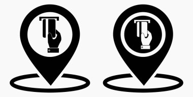 Konum ve banka kartı ikonu. GPS ATM. Kartla ödeme. Nakitsiz yerleşim yeri. Vektör simgesi.