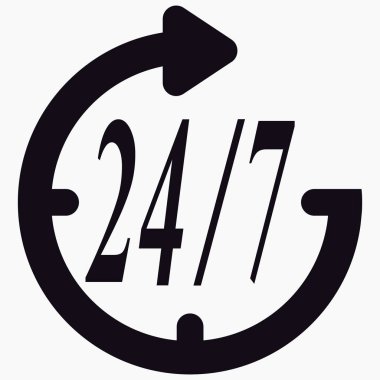 24 saat açığız. Resepsiyon günün 24 saati. Saat ve rakamlar 7 / 24. Vektör simgesi.