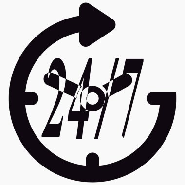 24 saat açığız. Resepsiyon günün 24 saati. Saat ve rakamlar 7 / 24. Vektör simgesi.