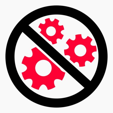 Vites simgesi kırmızı bir daire şeklinde çizilmiş. Onarım yasağı. Sömürme. Mekanizma yok. Basit kullanım. Vektör simgesi.