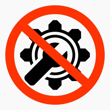 Vites simgesi kırmızı bir daire şeklinde çizilmiş. Onarım yasağı. Sömürme. Mekanizma yok. Basit kullanım. Vektör simgesi.