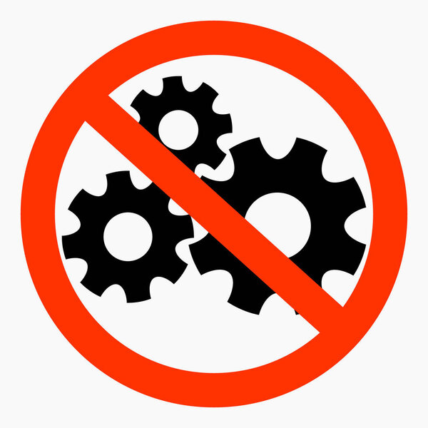 The gear icon is crossed out in a red circle. Repair ban. Do not exploit. There are no mechanisms. Simple use. Vector icon.