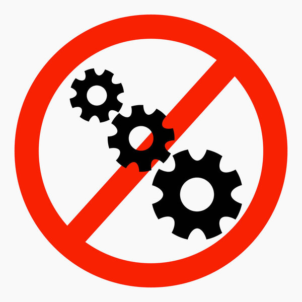 Do not repair. No settings. Icon prohibition gear. Shopping cart isolated minimal single flat linear icon for application and info-graphic. 