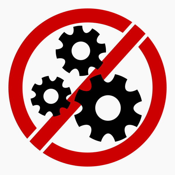 The gear icon is crossed out in a red circle. Repair ban. Do not exploit. There are no mechanisms. Simple use. Vector icon.