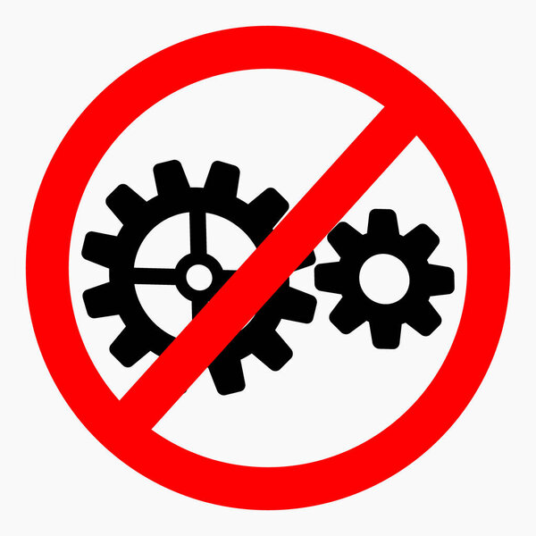Gear icon crossed out in a circle. Repair ban. Do not repair. There are no mechanisms. Shopping cart isolated minimal single flat linear icon for application and info-graphic. Vector icon.
