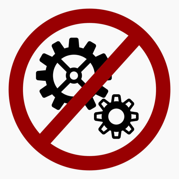 The gear icon is crossed out in a red circle. Repair ban. Do not exploit. There are no mechanisms. Simple use. Vector icon.