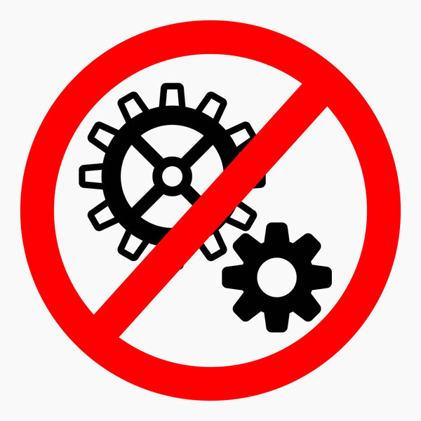 The gear icon is crossed out in a red circle. Repair ban. Do not exploit. There are no mechanisms. Simple use. Vector icon.
