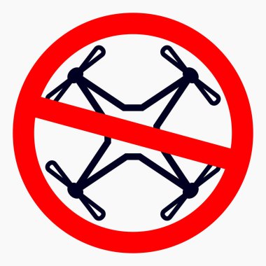 Drone ban. Do not fly a quadcopter. Drone flying is prohibited. Drone no-fly zone. Vector icon.