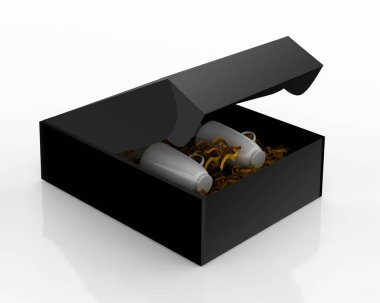 Gift tea pair in a  black box on a gray bed with gold shavings clipart