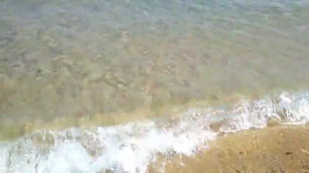 Хвиля на березі крупним планом з чистим піском і водою — стокове відео