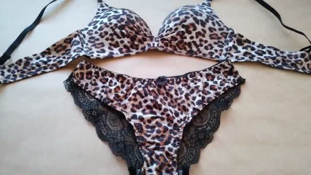 Leopard lingerie set on beige background close-up — Stok Video