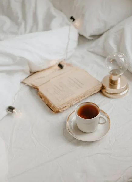 Coffee Book White Bed — Stock Photo, Image