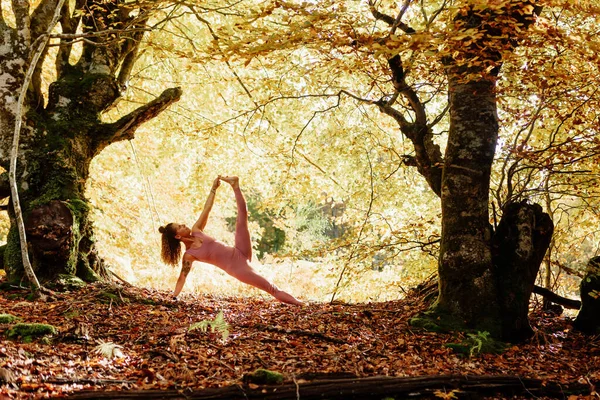 Latin Woman Practicing Yoga Poses Forest Fall Vashistasana Side Plank — Stock Photo, Image