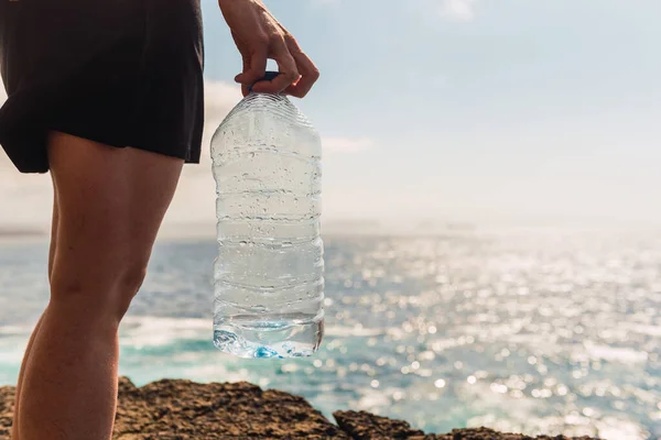 Unrecognizable Person Holding Plastic Bottle Front Sea Concept Ecology Water — Stock Photo, Image