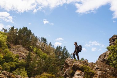Büyük sırt çantalı bir adam orman ve dağ manzarasını düşünerek yürüyüş parkurunda mola veriyor.