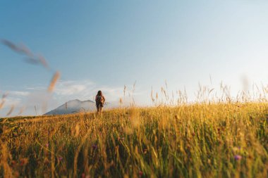 Arkadan bir kadın, altın bir tarlada yürüyen sırt çantasıyla gün batımında arka plandaki dağlara doğru yürüyor.