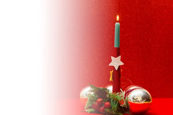 Christmas Postcard Burning Candle Decorated Christmas Tree Balls Stars Holly — Stock Photo, Image
