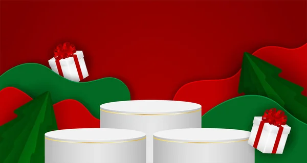 メリークリスマスのテーマ製品表示表彰台 クリスマスツリーと製品のデザインは 赤い背景に立っています ベクトル イラスト — ストックベクタ
