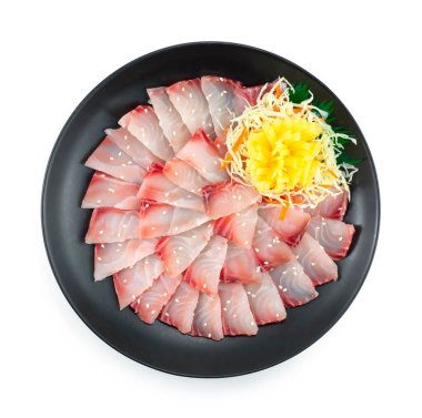 Izumidai Sashimi dekorasyonu turşulu Japon yemeği füzyon stili üst görünüm.