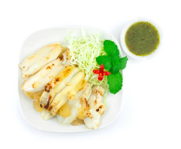 Squids Panggang Roe Disajikan Chili Spicy Seafood Sauce Thai Food — Stok Foto