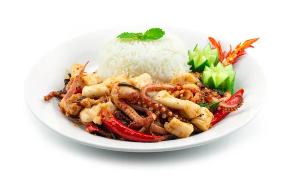 Stir Fried Tentacles Squids Roe Spicy Basil Served Rice Recipe — Foto Stock