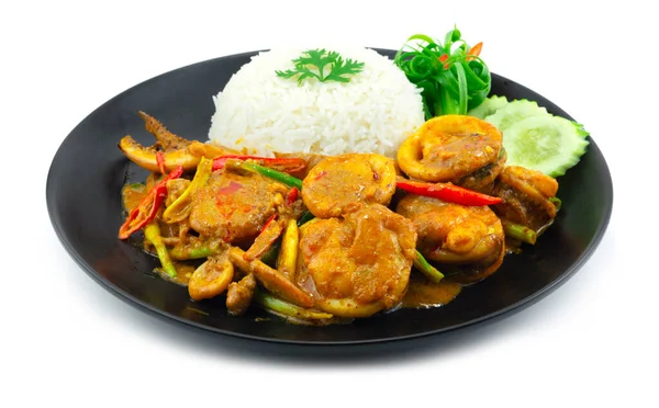 Gebratene Tintenfische Mit Gelbem Curry Pulver Verrühren Serviert Reis Rezept — Stockfoto