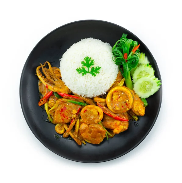 Stir Fried Squids Yellow Curry Powder Served Rice Recipe Thaifood — Stock Photo, Image