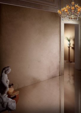 Masaları ve sandalyeleri olan bir odanın tek bir fotoğrafı.