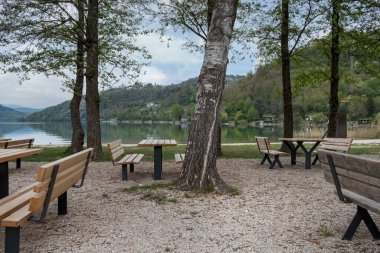 Bankları olan ağaçlık bir parkın manzarası