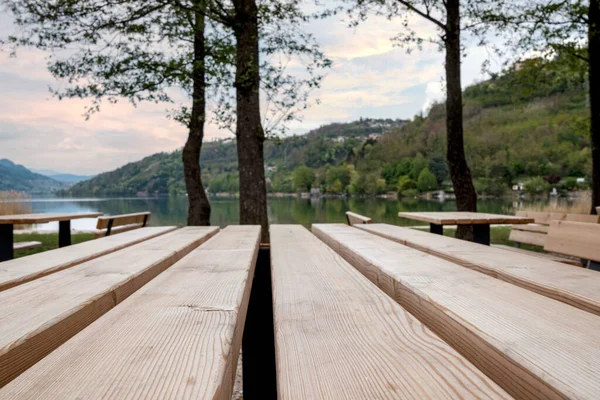 Landscape Wooded Park Wooden Boards Table Foreground Photos De Stock Libres De Droits