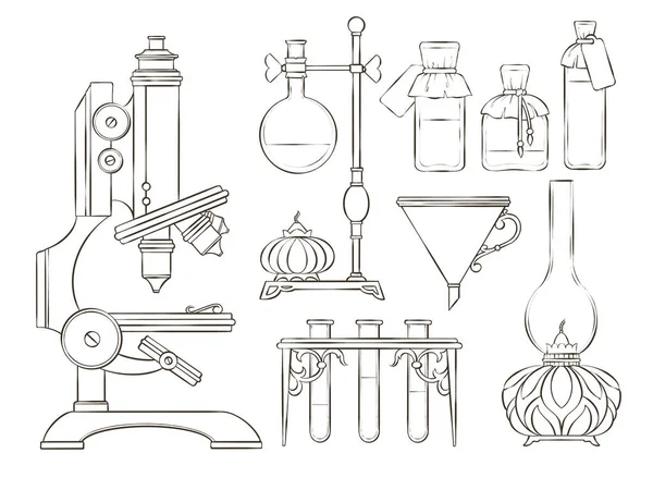 Ручна намальована сторінка розмальовки вінтажних об'єктів хімії — стокове фото