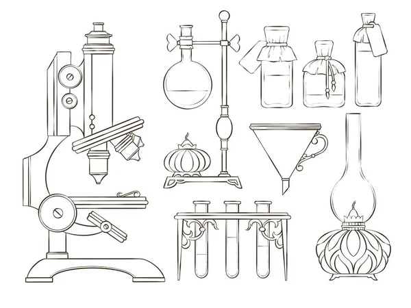 Hand drawn coloring page of vintage chemistry objects — Photo