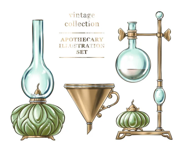 Collection of hand drawn vintage apothecary objects on white background — Photo