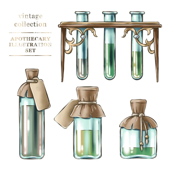 Collection of hand drawn vintage apothecary objects on white background — Photo