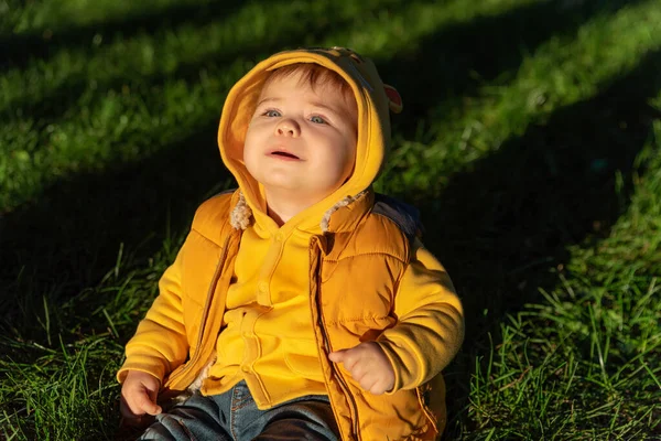 Retrato de bebé lindo en luces de la puesta del sol. Niño pequeño con chaqueta amarilla sentado en la hierba verde al aire libre en el parque de otoño. — Foto de Stock