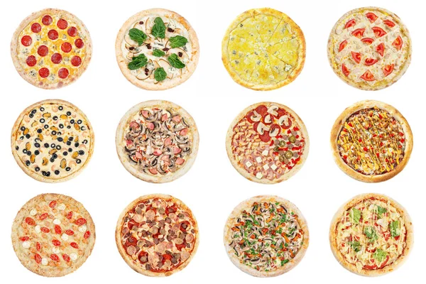 Nagy Készlet Olasz Pizza Elszigetelt Fehér Háttérrel Különböző Pizzagyűjtemények Friss Stock Kép