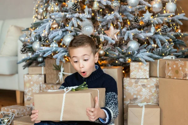 Vicces Óvodás Fiú Izgatott Csomagolt Karácsonyi Ajándék Háttér Fák Boldog Stock Fotó
