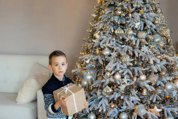 Feldúlt Óvodás Kaukázusi Gyerek Ajándékdobozzal Kezében Karácsonyfa Mellett Egy Frusztrált Jogdíjmentes Stock Fotók