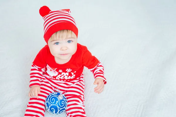 One Year Old Cute Child Red White Christmas Costume Plays — Stock Photo, Image